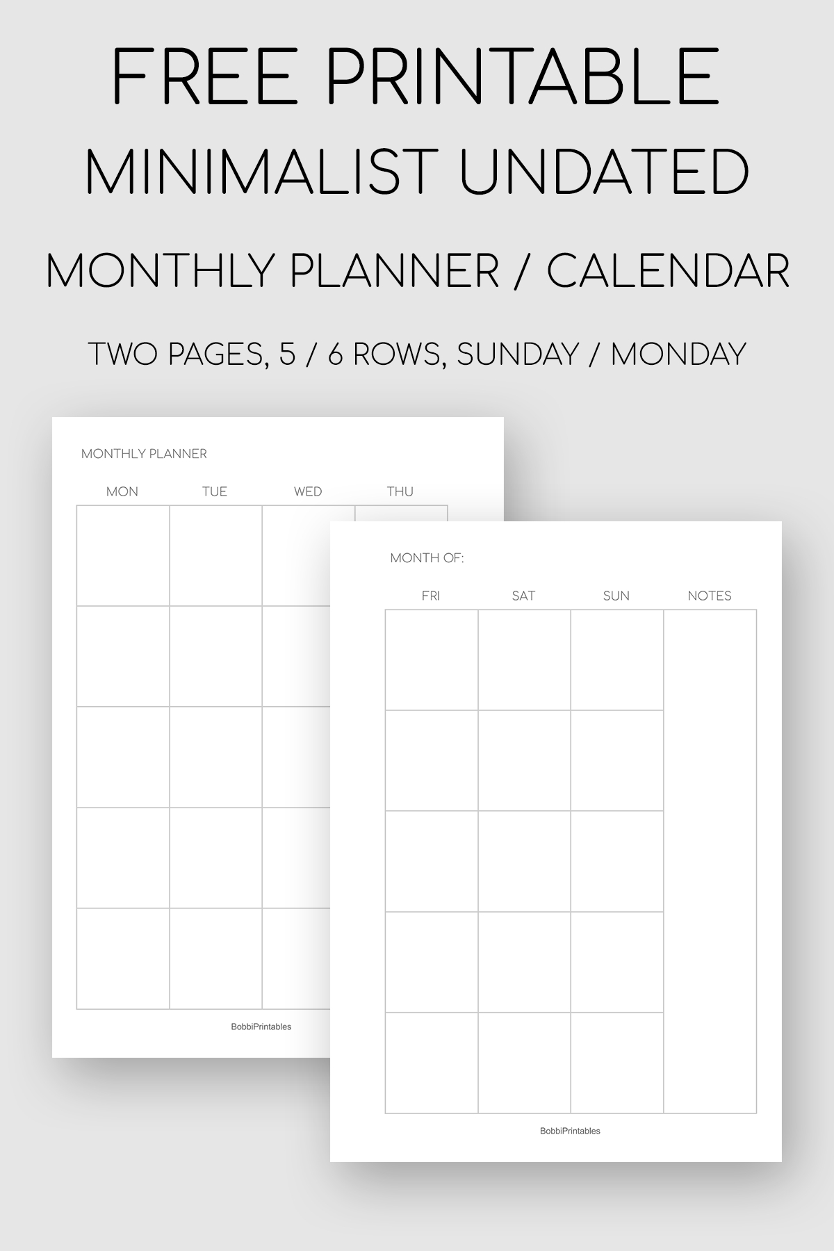free printable minimalist monthly planner / undated calendar