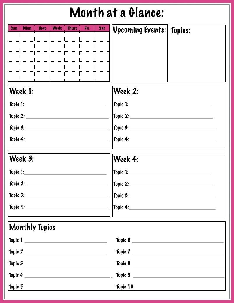 free printable month at a glance blog planner page to help
