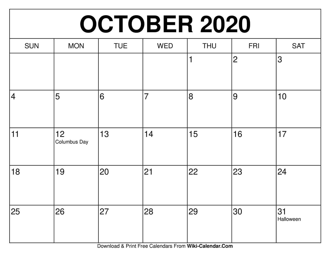free printable october 2020 calendars
