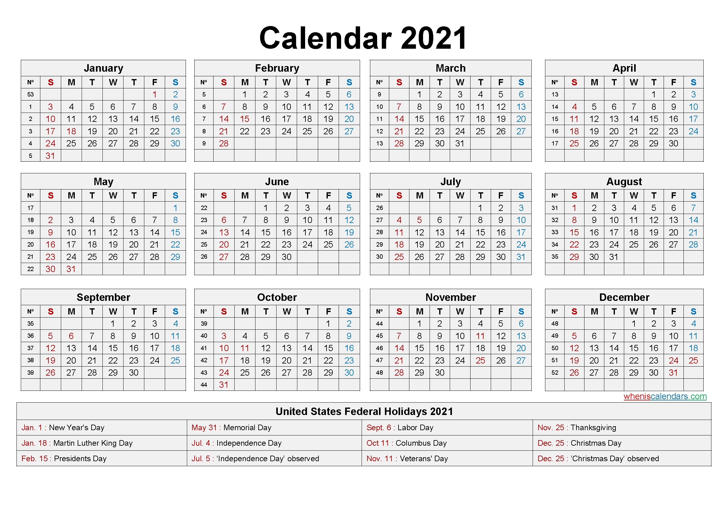 free printable yearly 2021 calendar with holidays as word