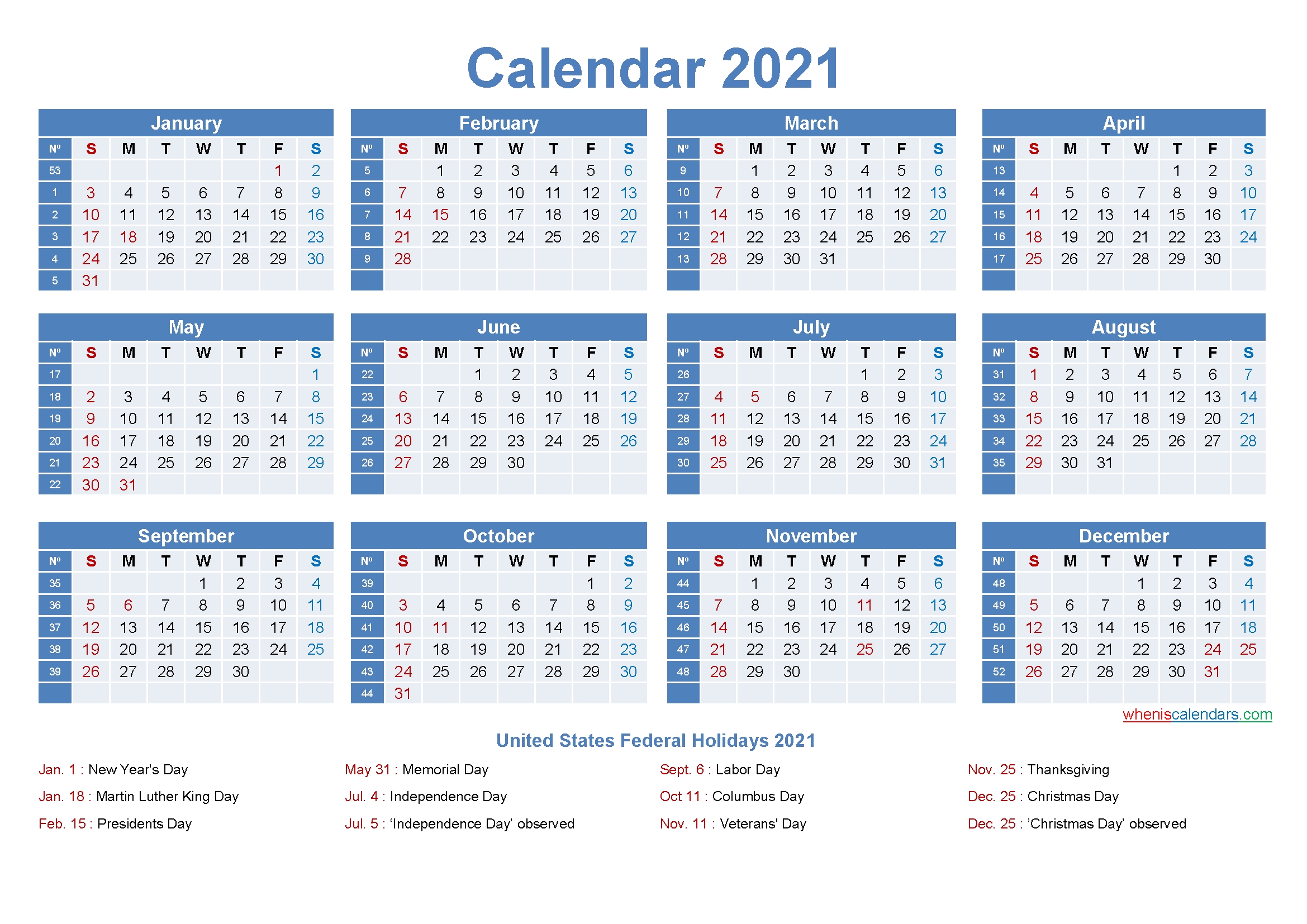 Free Printable Yearly 2021 Calendar With Holidays As Word