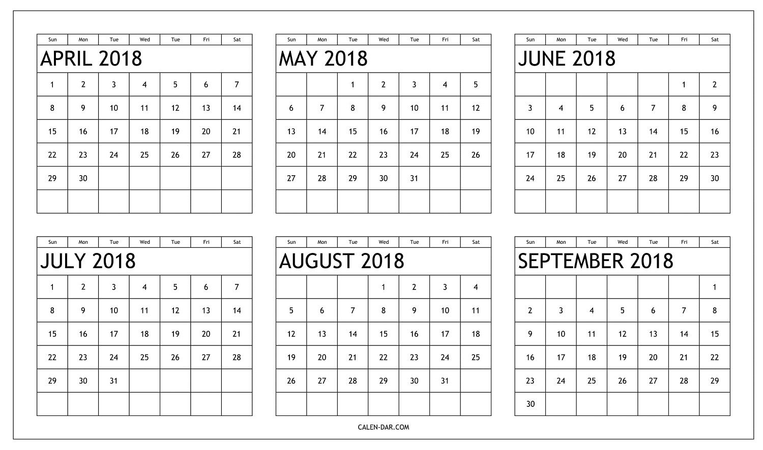 Free Six Month 2018 Calendar April To September Printable