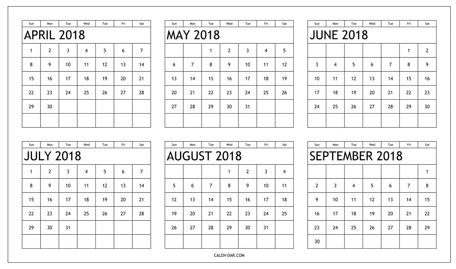 free six month 2018 calendar april to september printable
