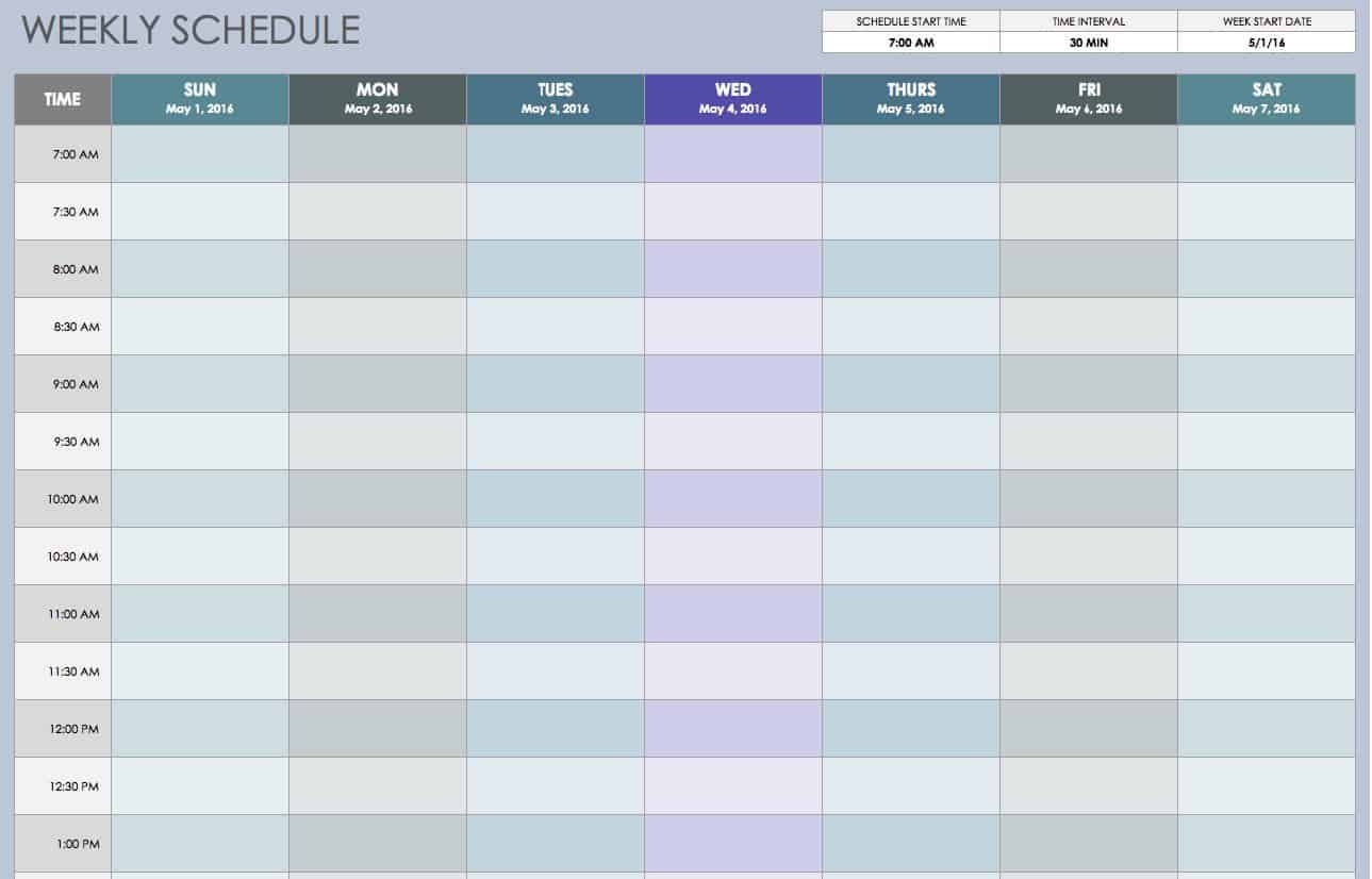 30 Mins Increment Spreadsheet Example Calendar Printable