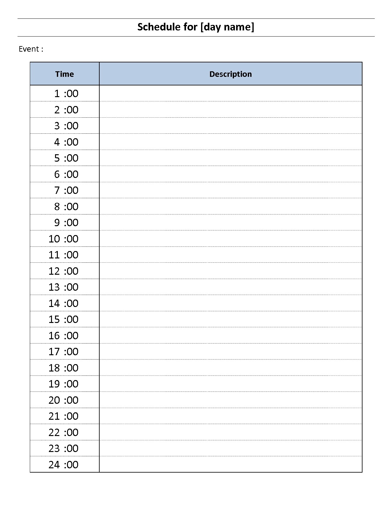 24 Hour Blank Schedule Example Calendar Printable