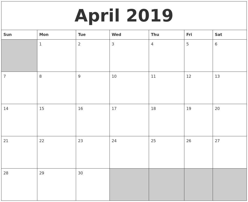 Fresh Blank Monthly Calendar 2019 Printable | Free Printable