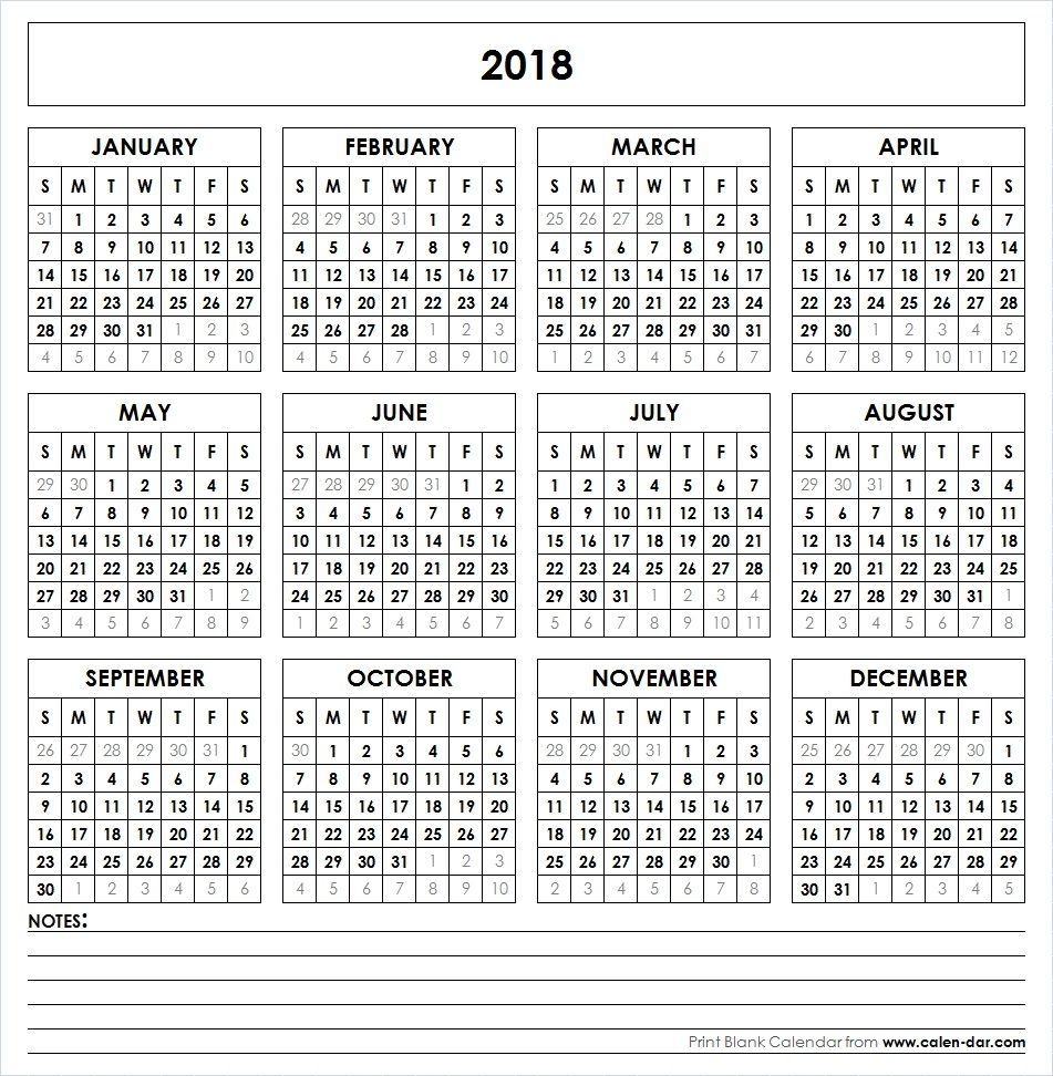 Get Free Blank Template Of Year 2018 Printable Calendar
