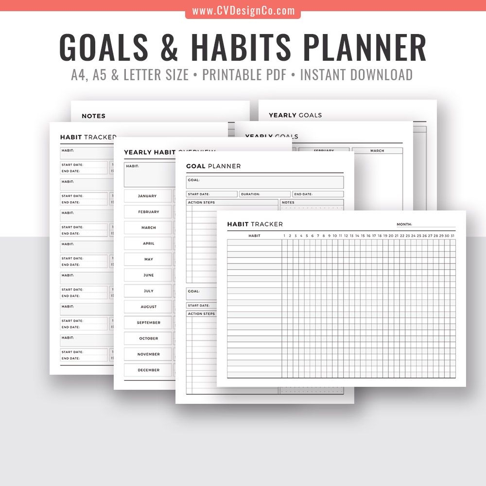 goal planner, yearly goals, habit tracker, yearly habit overview, notes, printable planner inserts, digital planner essentials, filofax a5, a4, letter