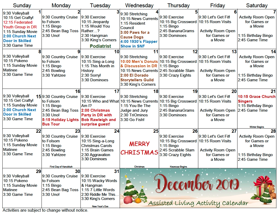 Gold Country Al December Calendar Gold Country Retirement