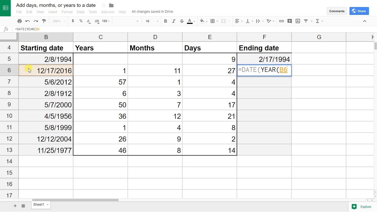 google sheets add (or subtract) days, months or years to a date