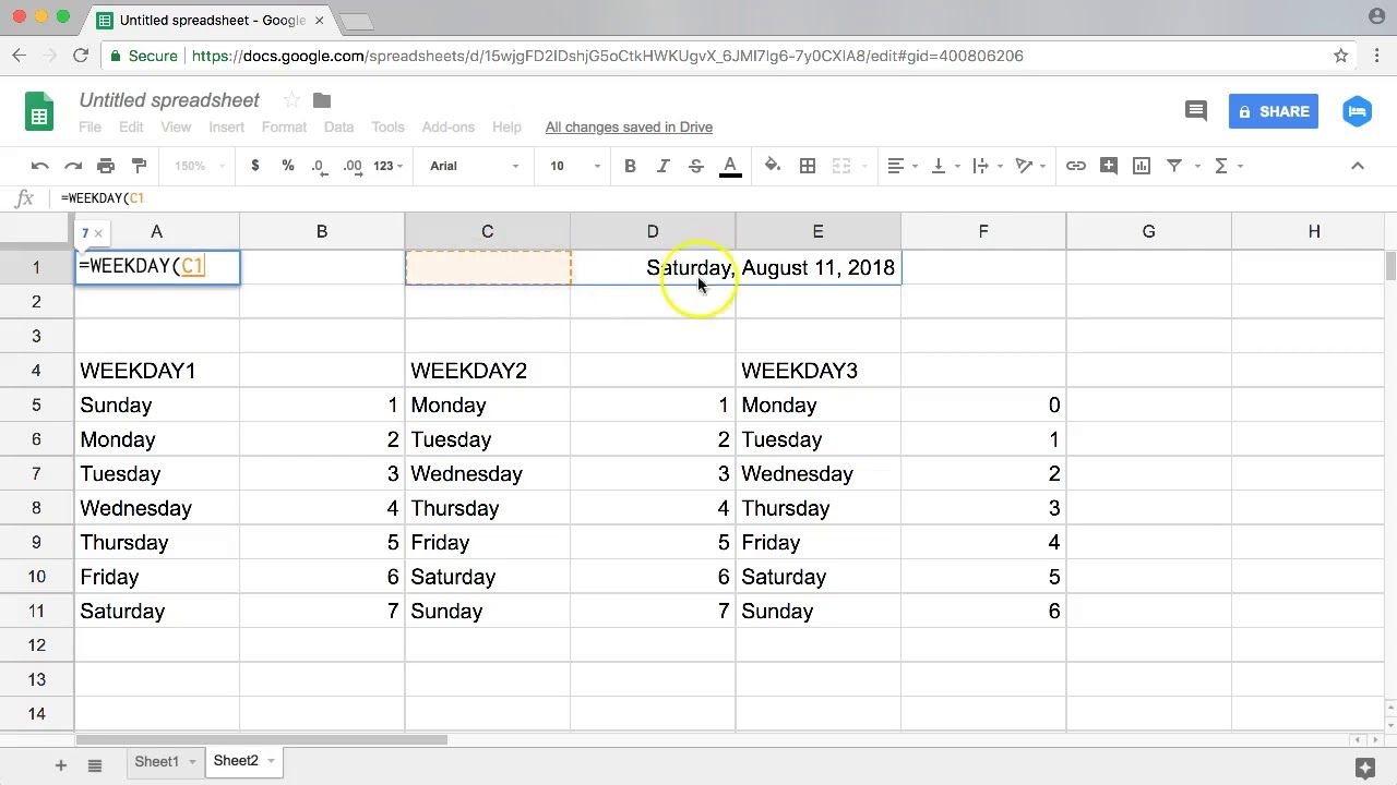 Google Sheets Weekday Function 2018