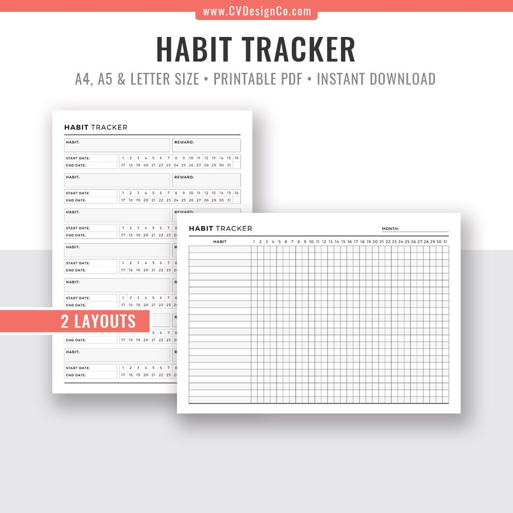 Habit Tracker, Monthly Habits, Habit Planner, Planner Template, Printable Planner Inserts, Planner Binder, Instant Download, Filofax A5, A4, Letter