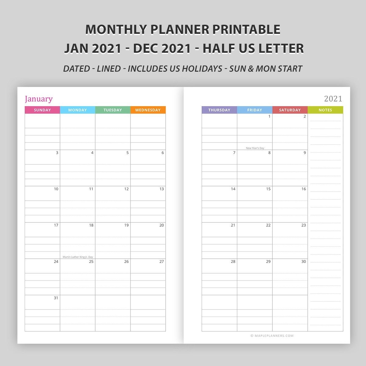 half letter dated monthly planner 2021 printable