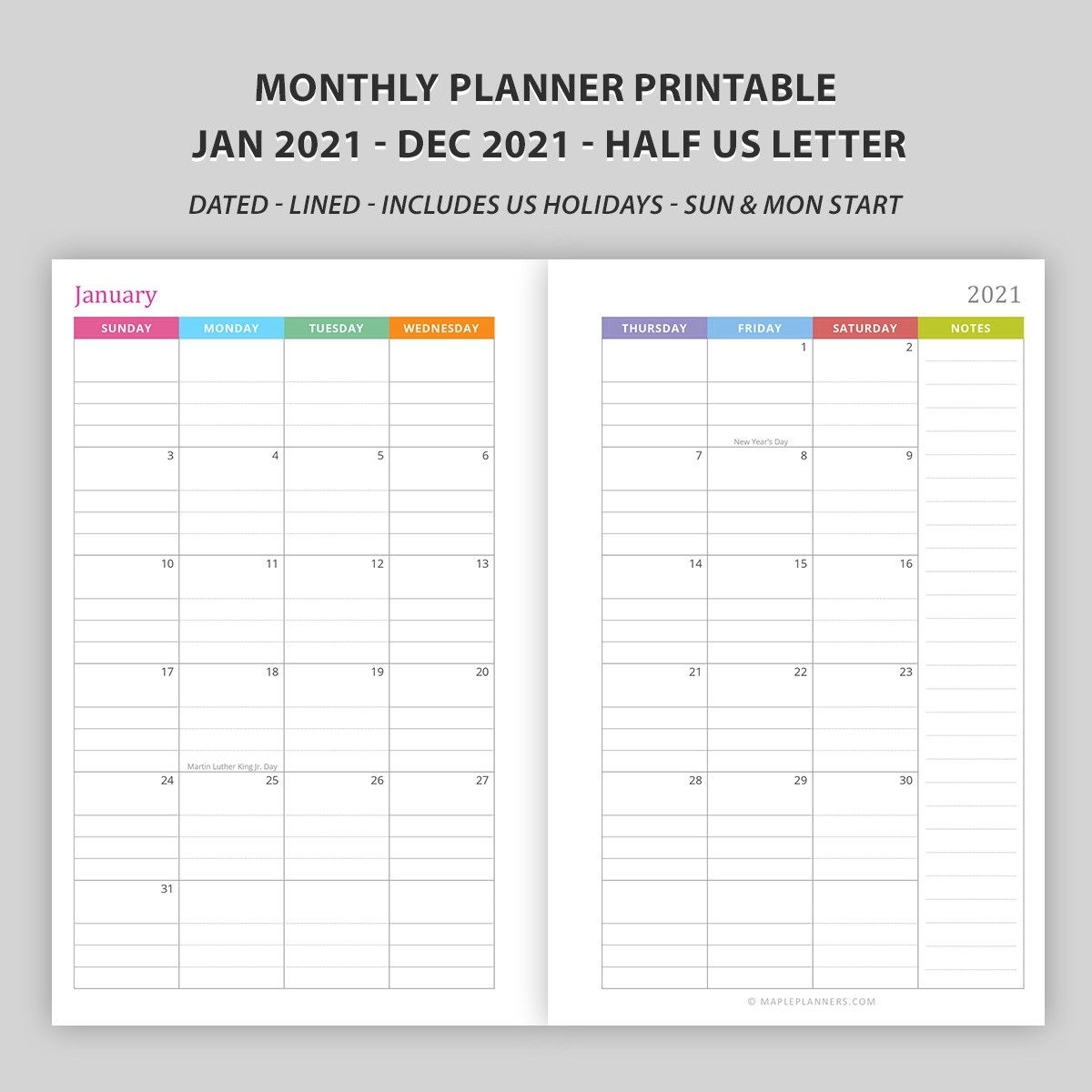 Half Letter Dated Monthly Planner 2021 Printable