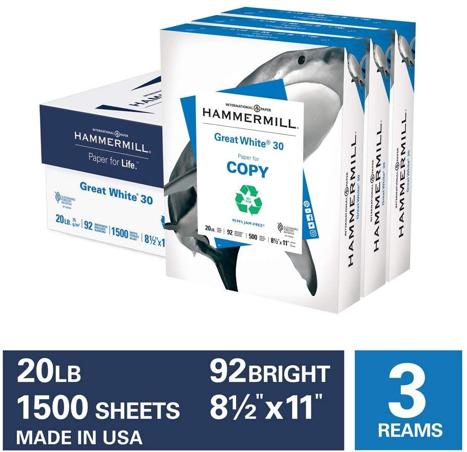 hammermill paper, great white 30% recycled printer paper, 8 5 x 11 paper, letter size, 20lb, 92 bright 3 reams / 1,500 sheets (086820c)