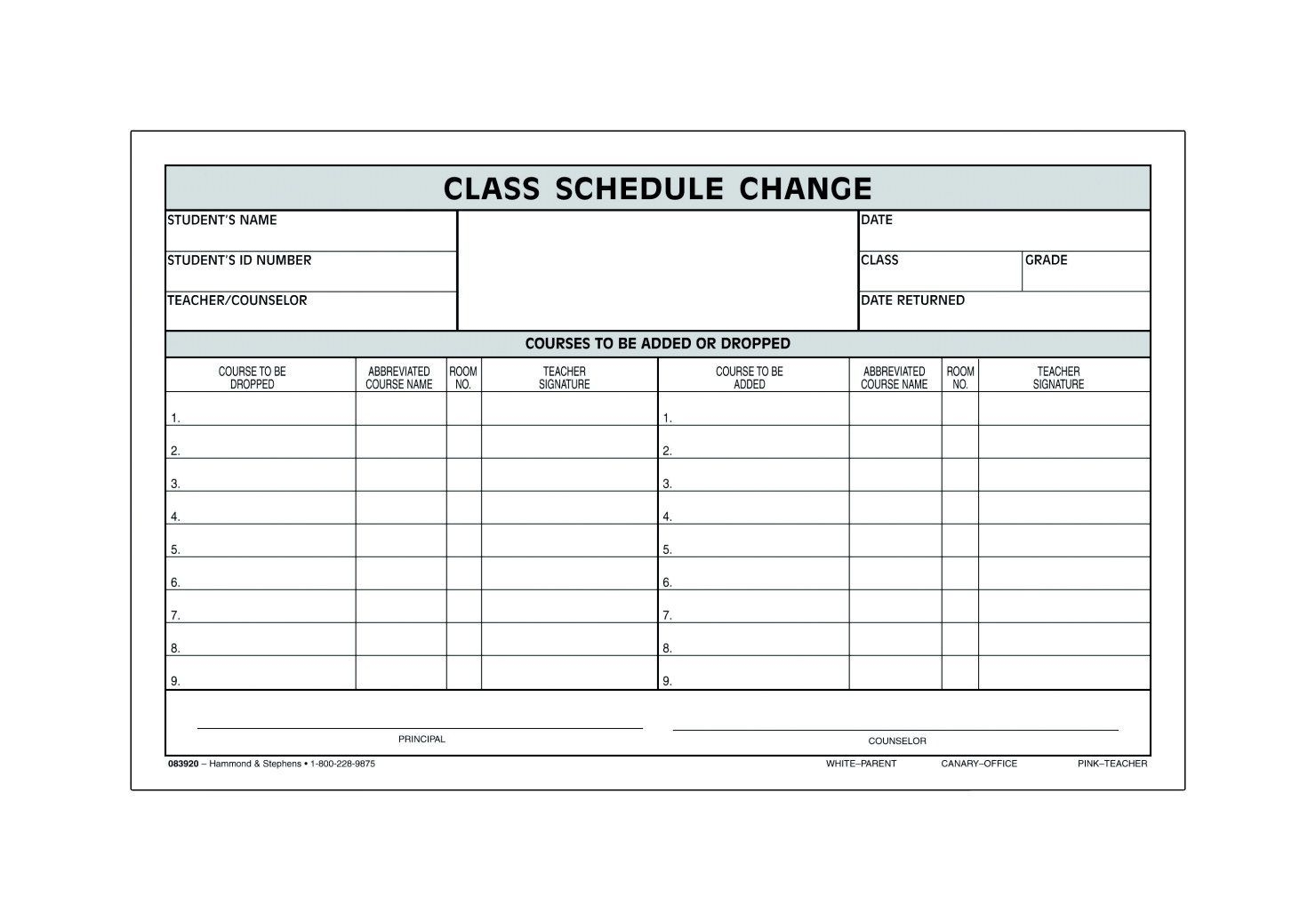 hammond &amp; stephens 3 parts carbonless class schedule change