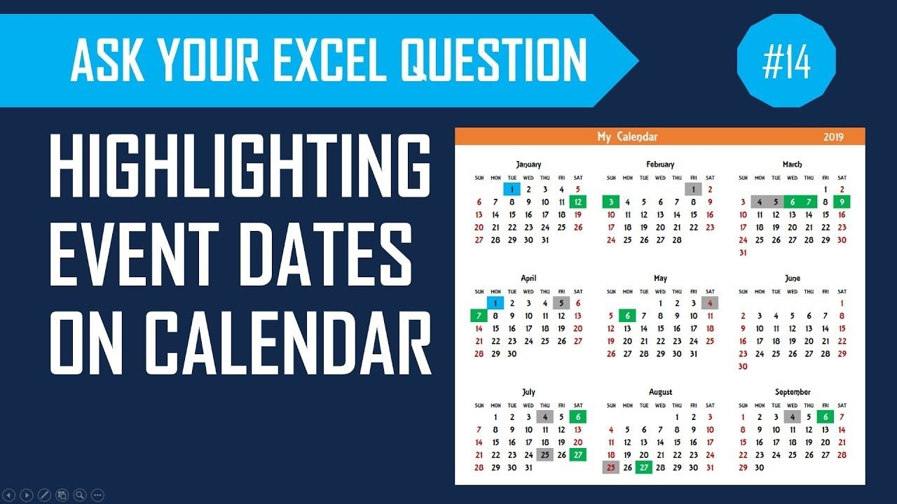 highlight events, weekends and holidays on calendar in excel