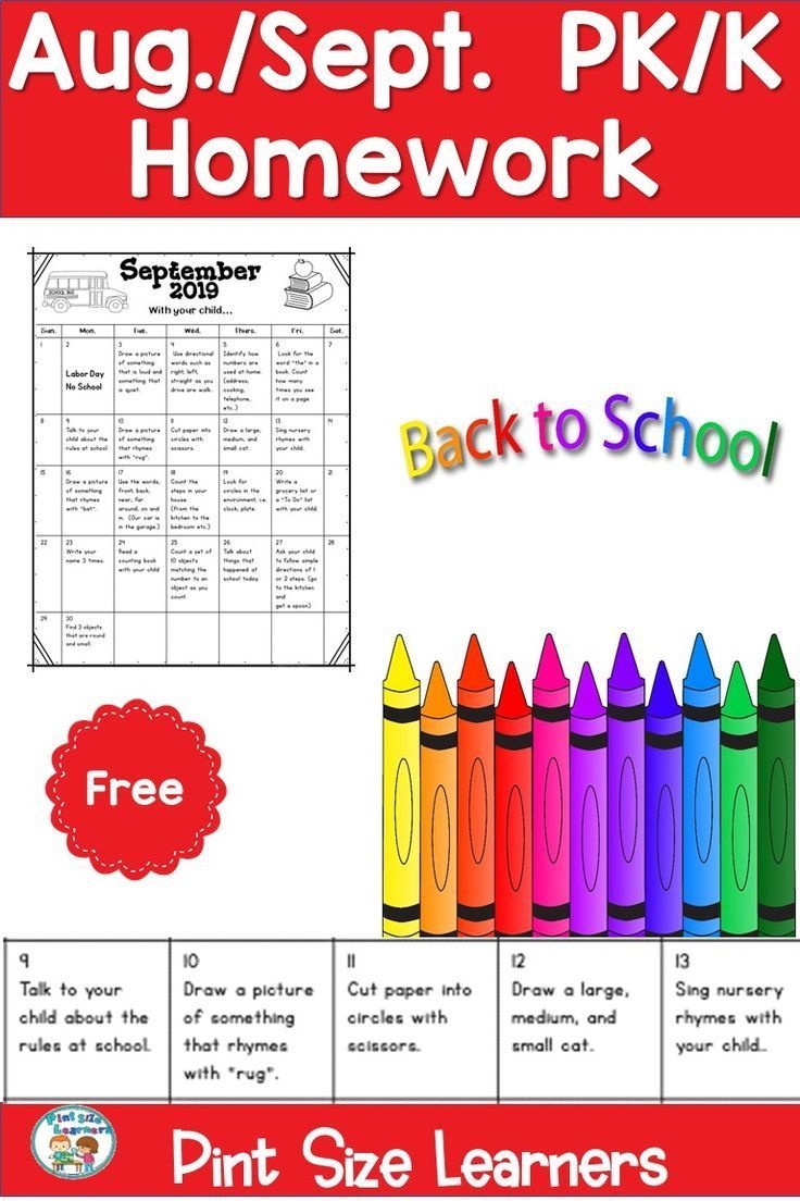 homework calendar pre k kindergarten august september pk and