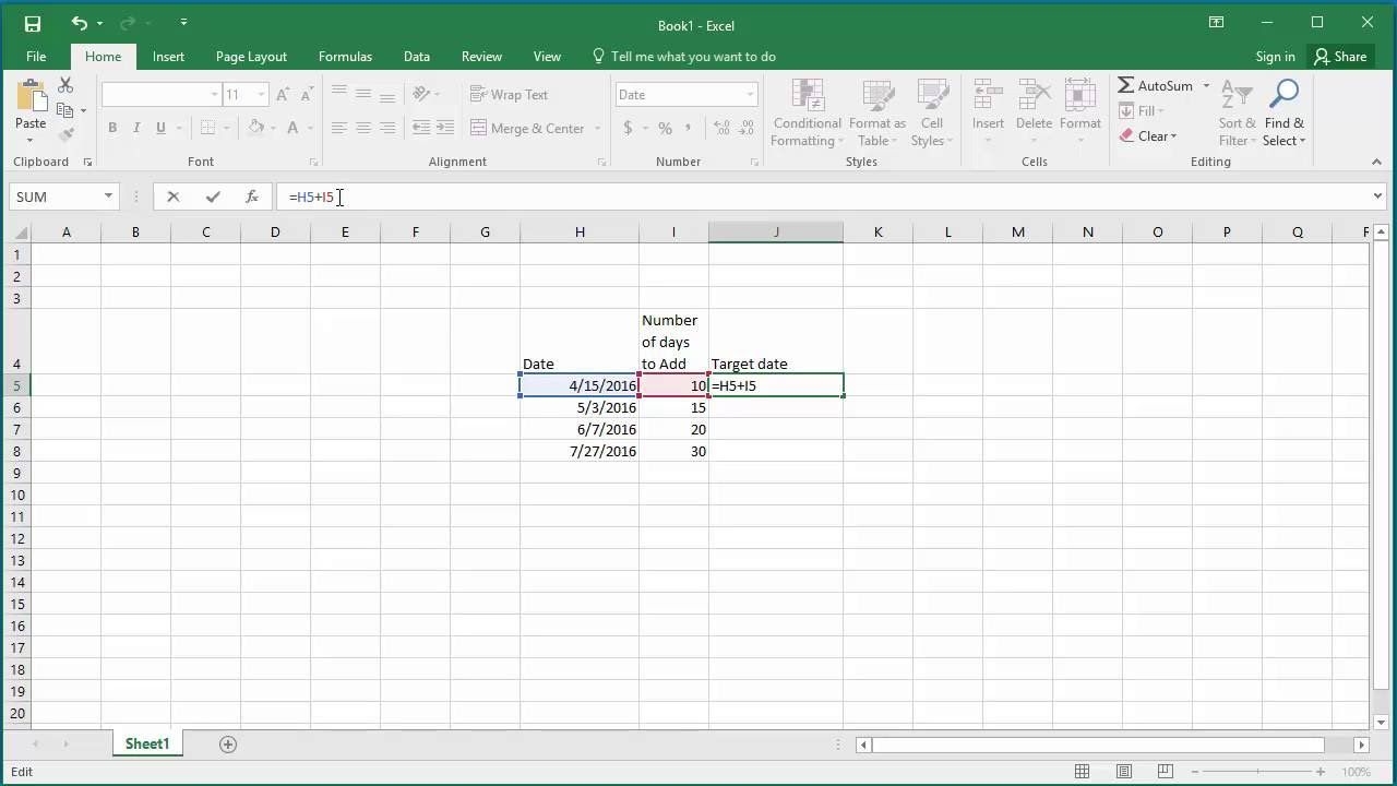 how to add number of days to a date in excel 2016