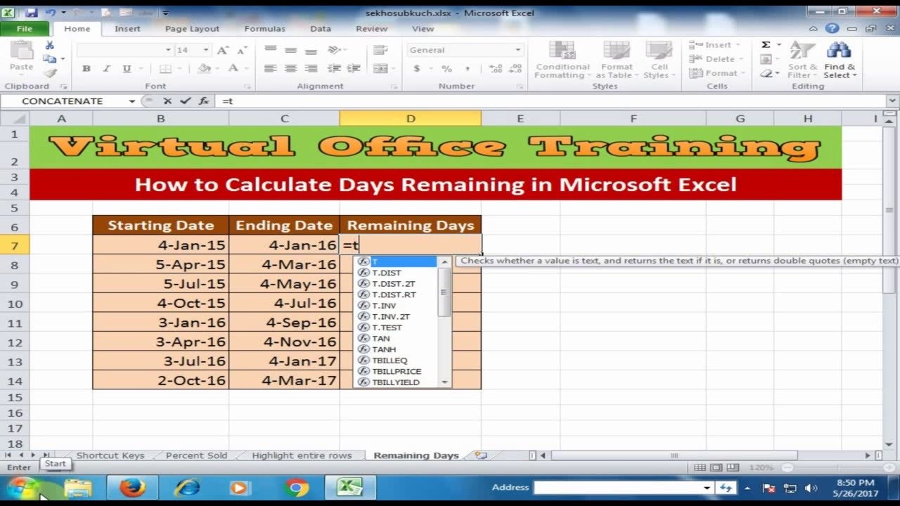 How To Calculate Days Remaining In Microsoft Excel : Excel