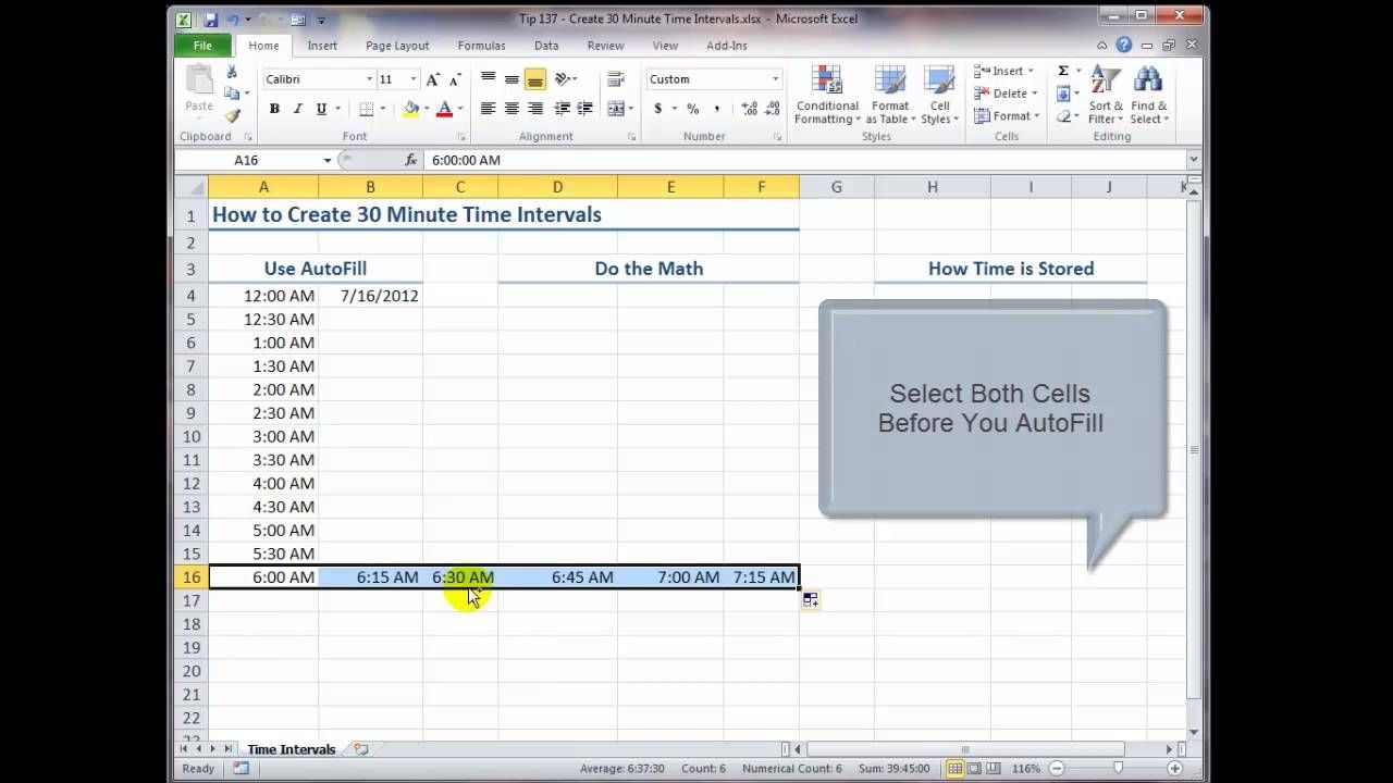 how to create 30 minute time intervals in excel