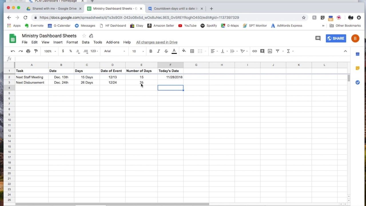 how to create a day countdown formula in google sheets