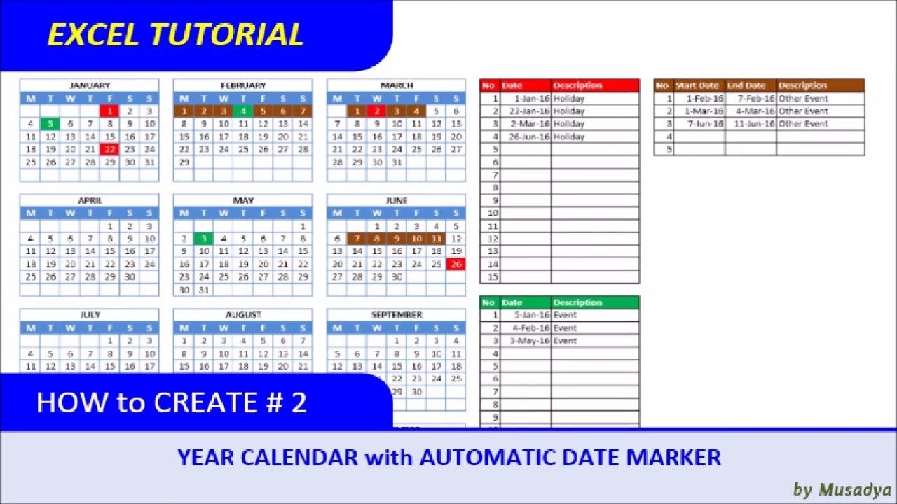 how to create excel calendar for specific year with automatic date marker