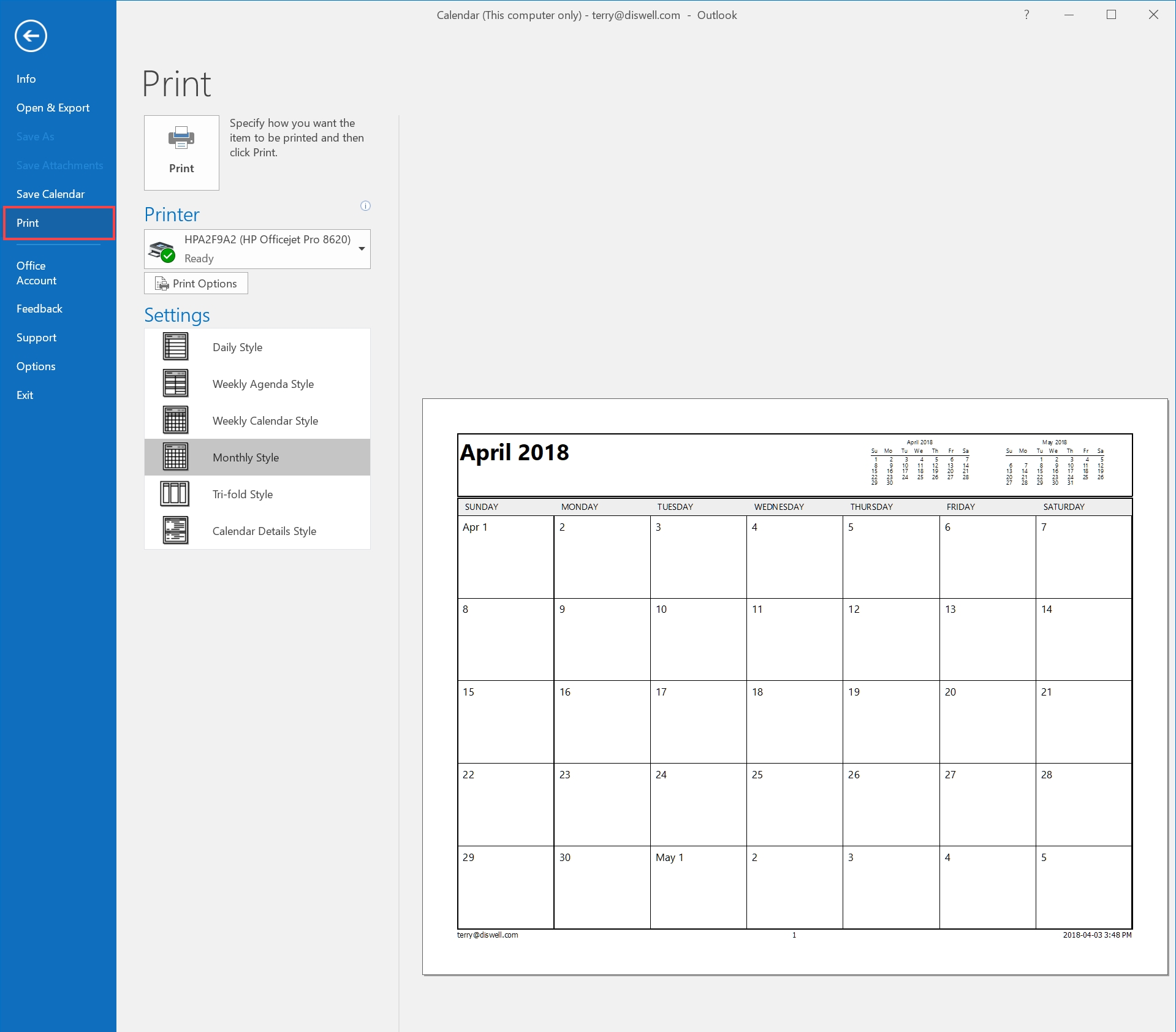 how to email or print your calendar in outlook 2016