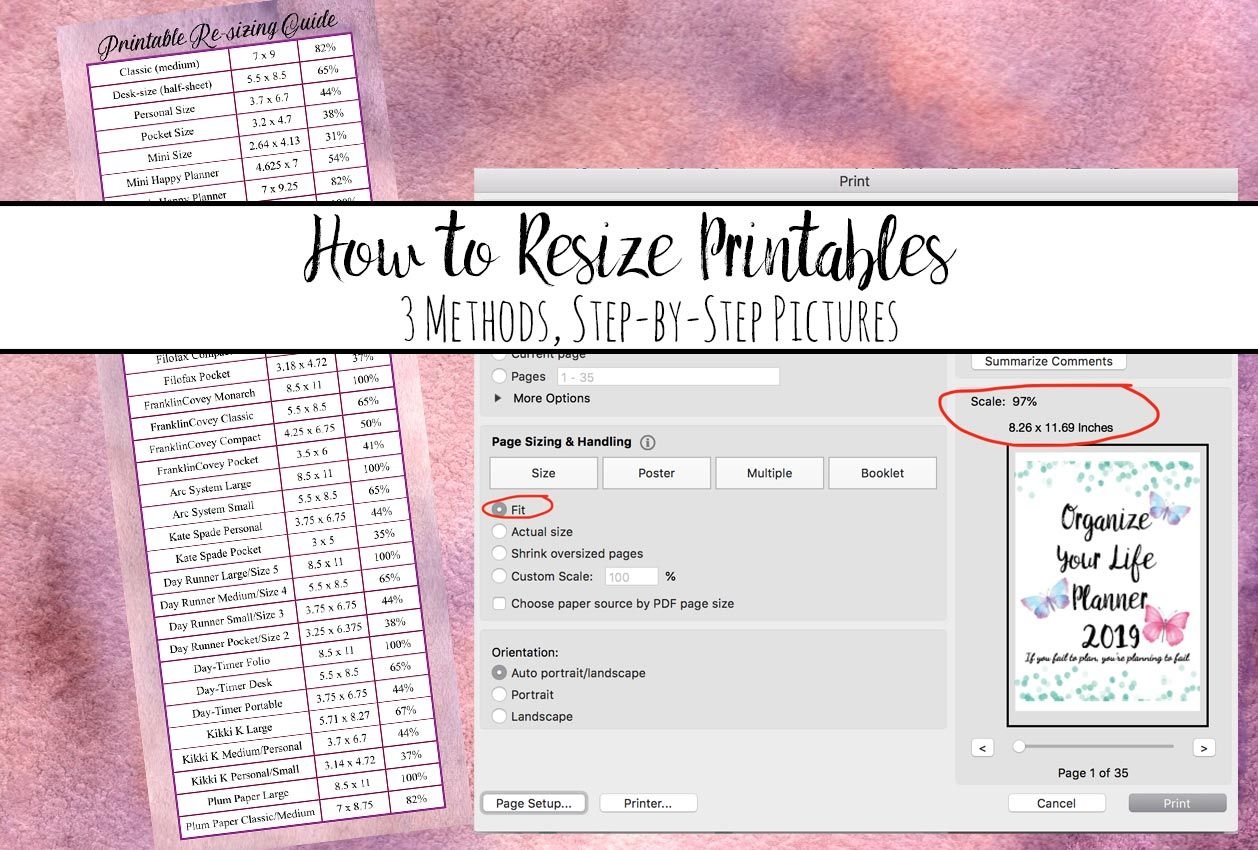 how to resize printables to fit your planner