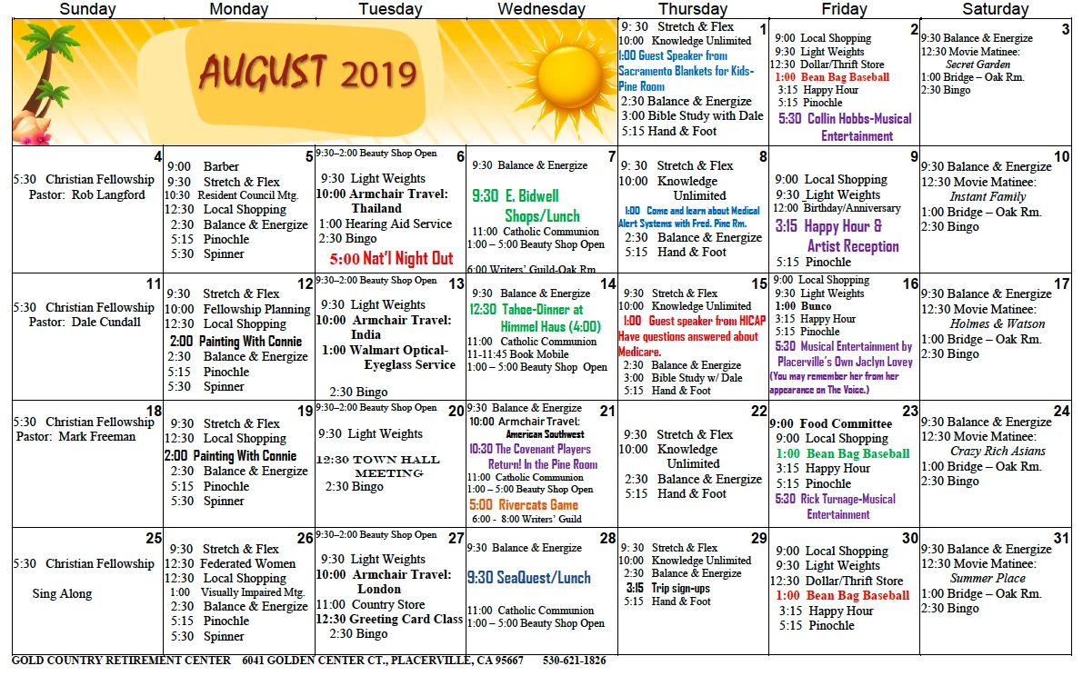 Independent Living August Calendar Gold Country Retirement