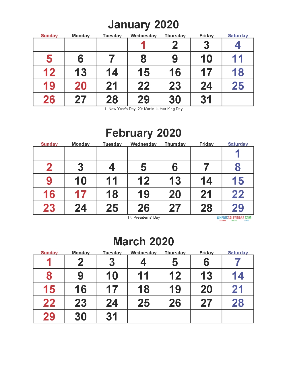 jan feb mar 2020 calendar 3 months per page | free printable