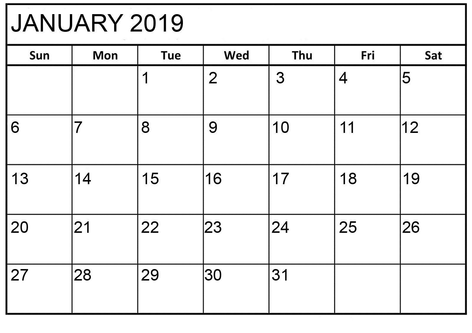 January 2019 Basic Editable Calendar | Printable Calendar