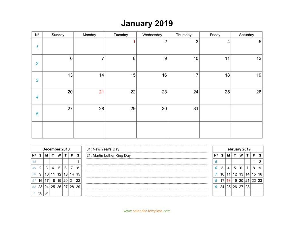 january 2019 calendar with previous and next month (bottom)
