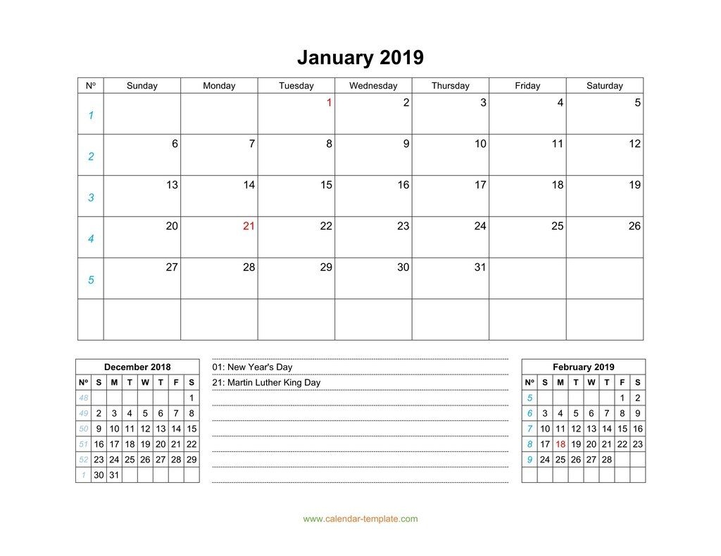 January 2019 Calendar With Previous And Next Month (bottom)