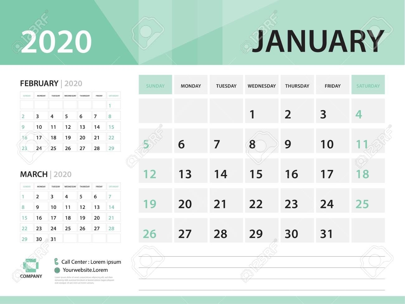 January 2020, Desk Calendar 2020 Vector Design, Green Concept