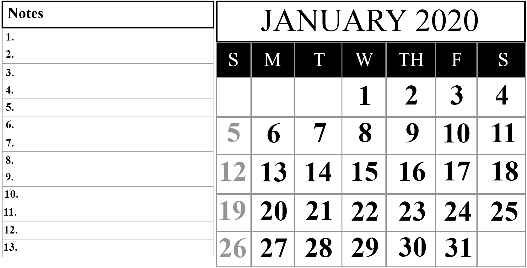 January 2020 Printable Calendar Template #2020calendars
