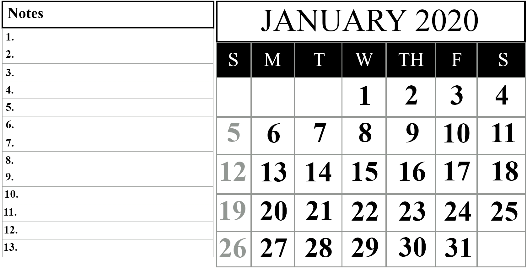 january 2020 printable calendar template #2020calendars