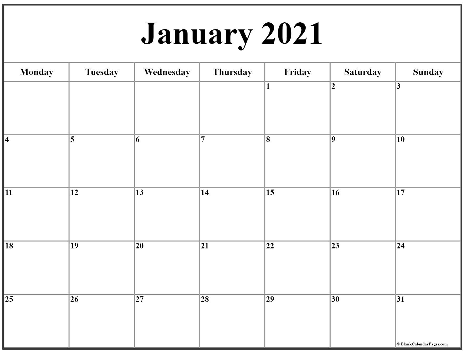 January 2021 Monday Calendar | Monday To Sunday