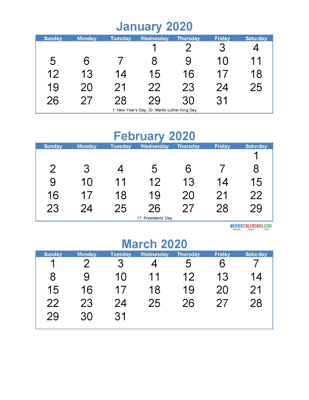 january february march 2020 calendar 3 months per page