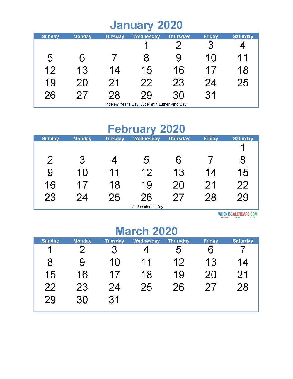 January February March 2020 Calendar 3 Months Per Page