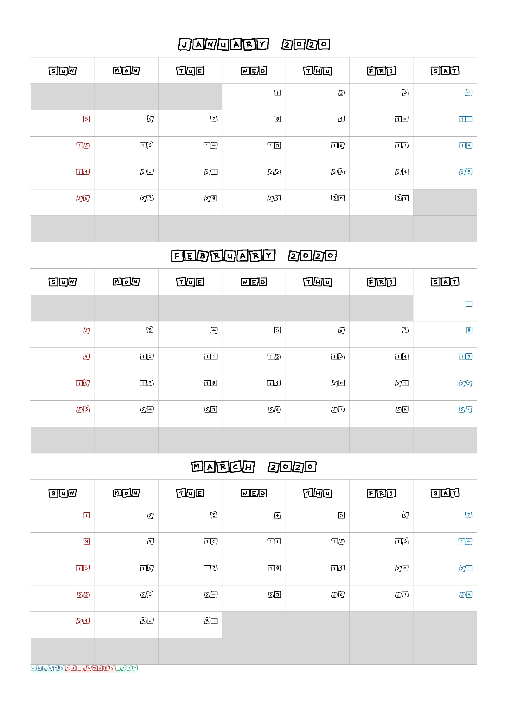 January February March 2021 Free Printable 3 Month Calendar