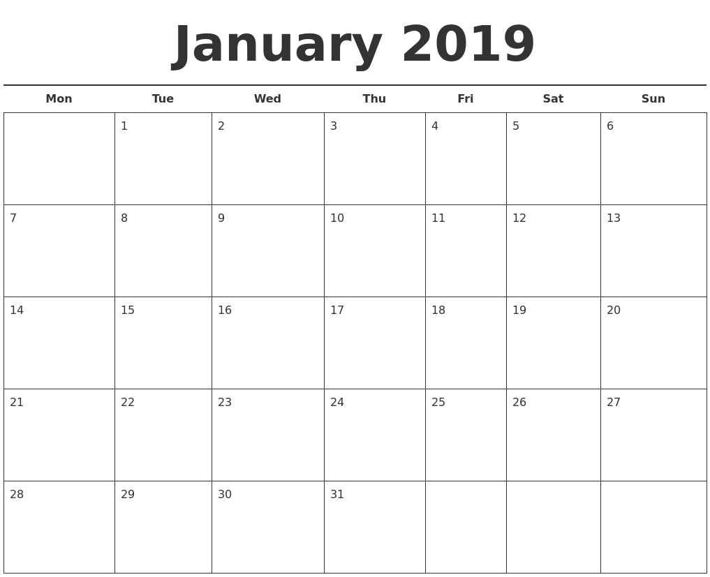 january month calendar 2019 | excel calendar template