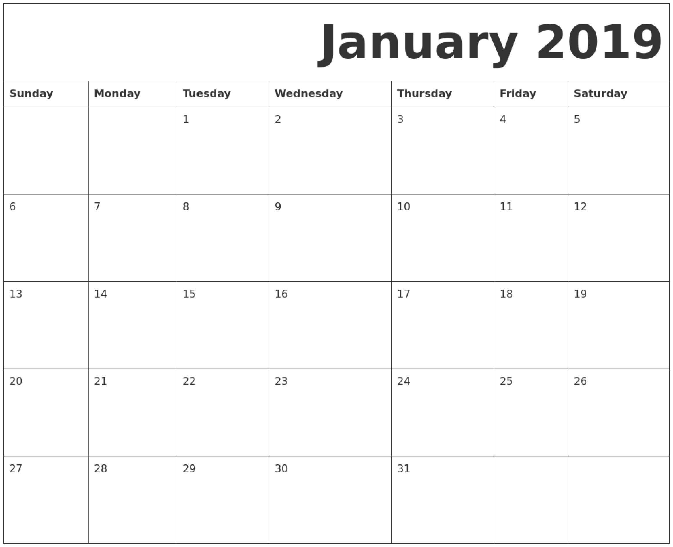 January Printable 2019 Sunday Start | Calendar Printables