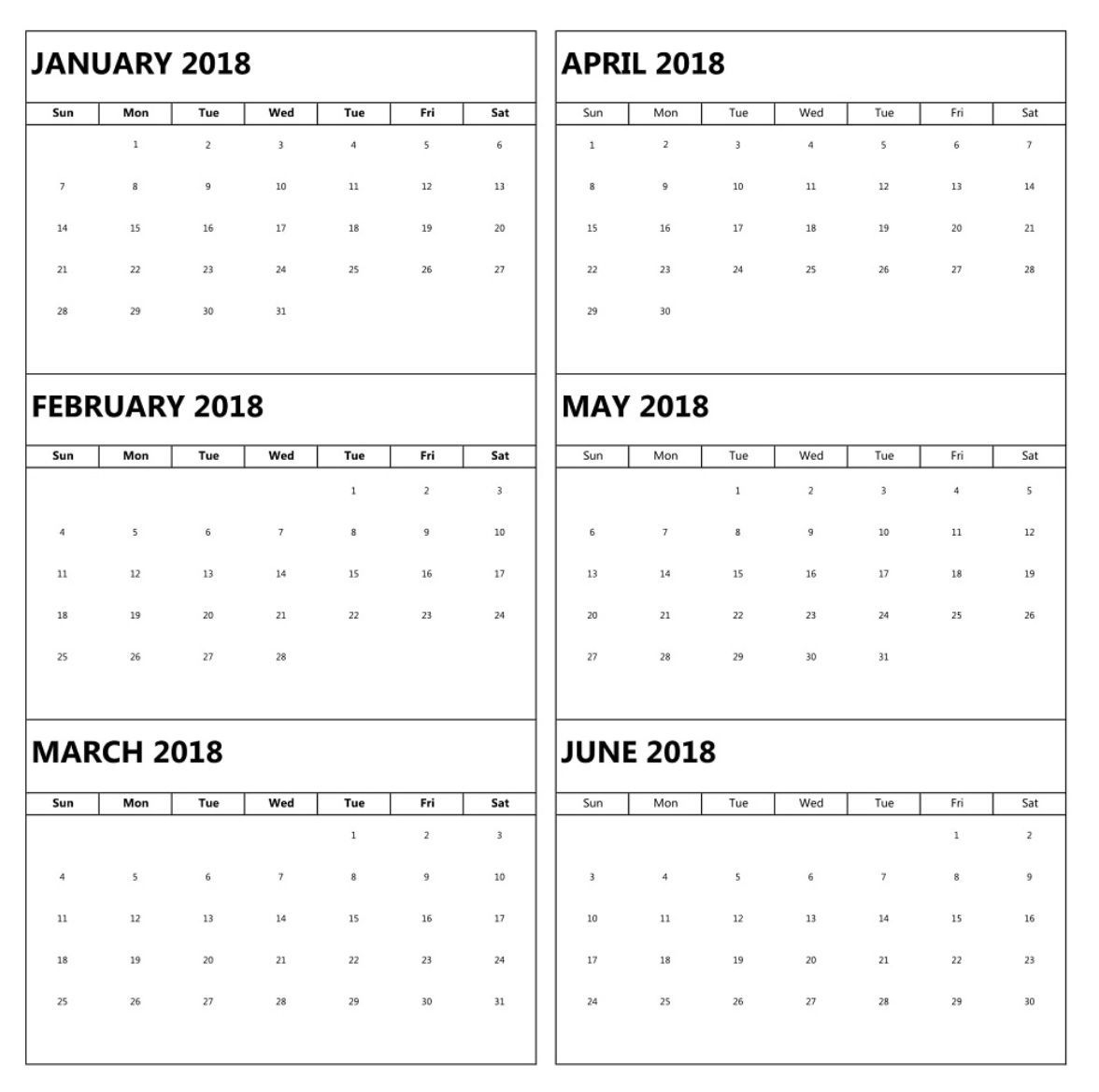 january to june 6 months calendar 2018 | calendar template
