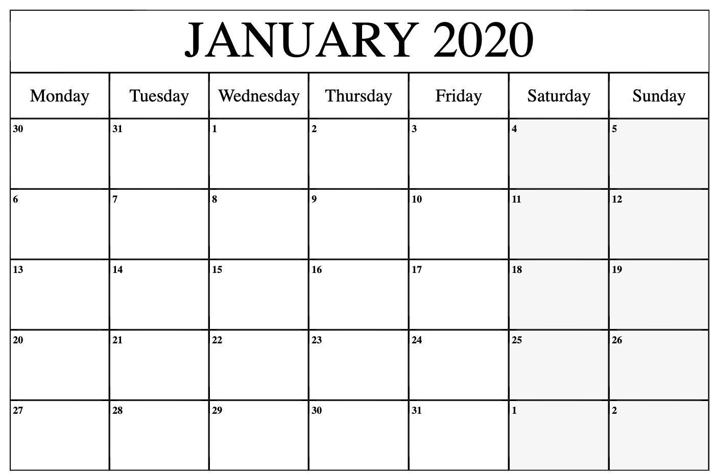 January To March 2021 Calendar Monday To Friday In 2020