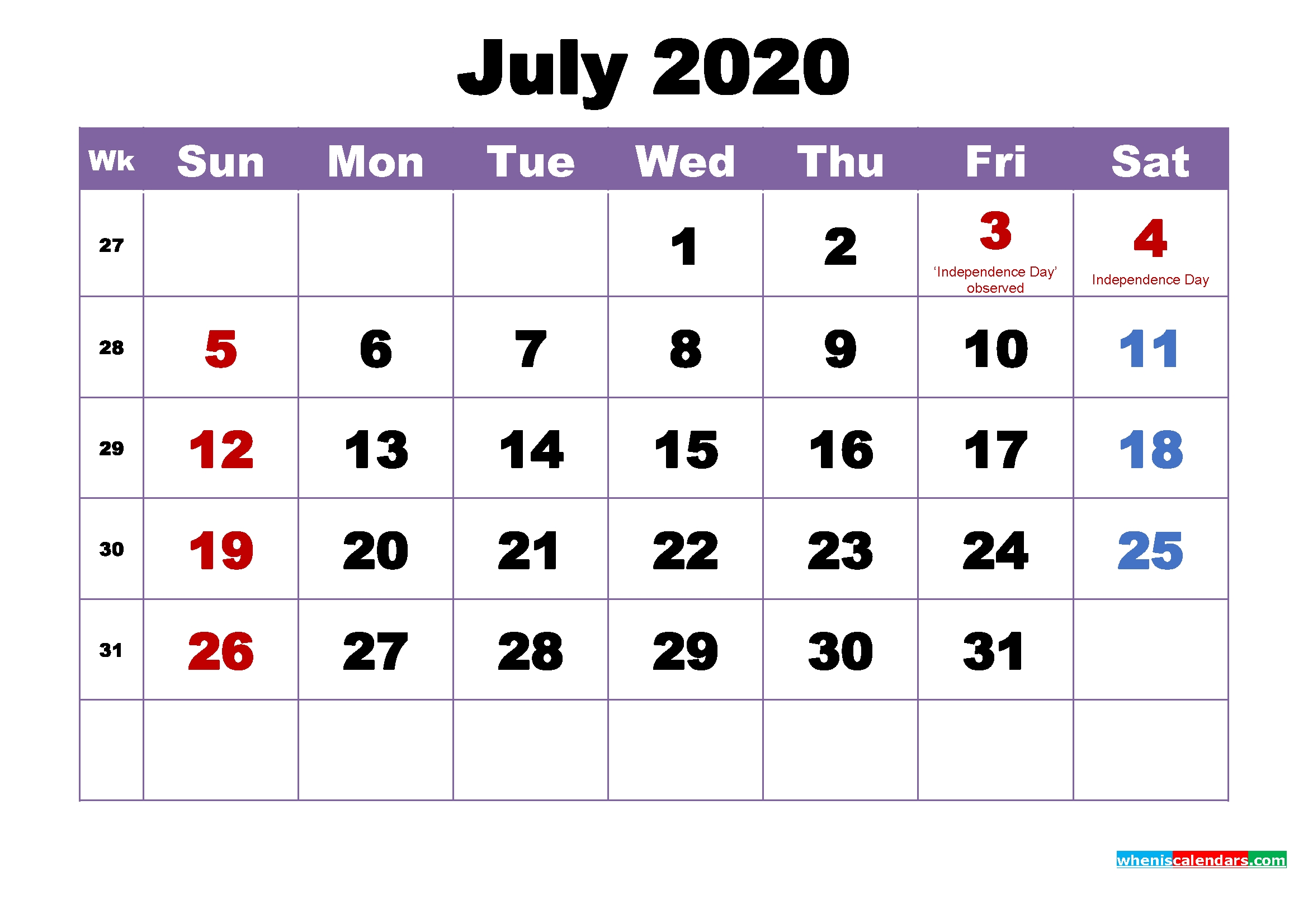 July 2020 Desktop Calendar Monthly – Free Printable 2020