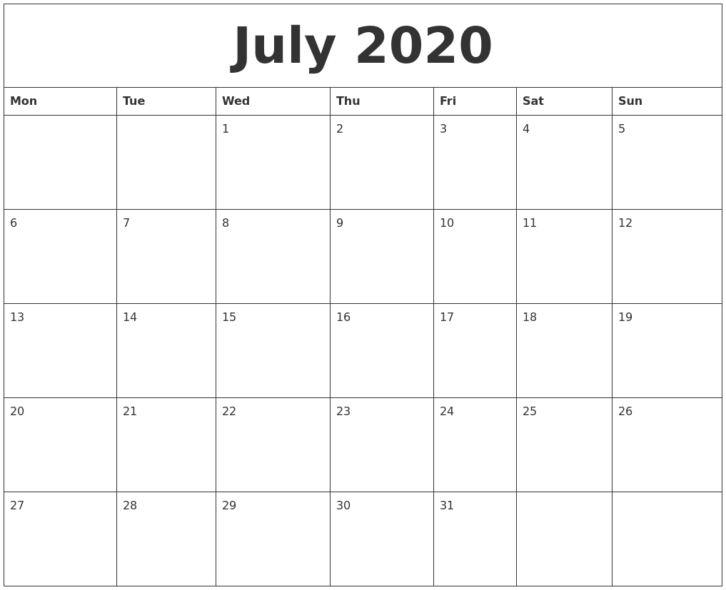 July 2020 Free Monthly Printable Calendar