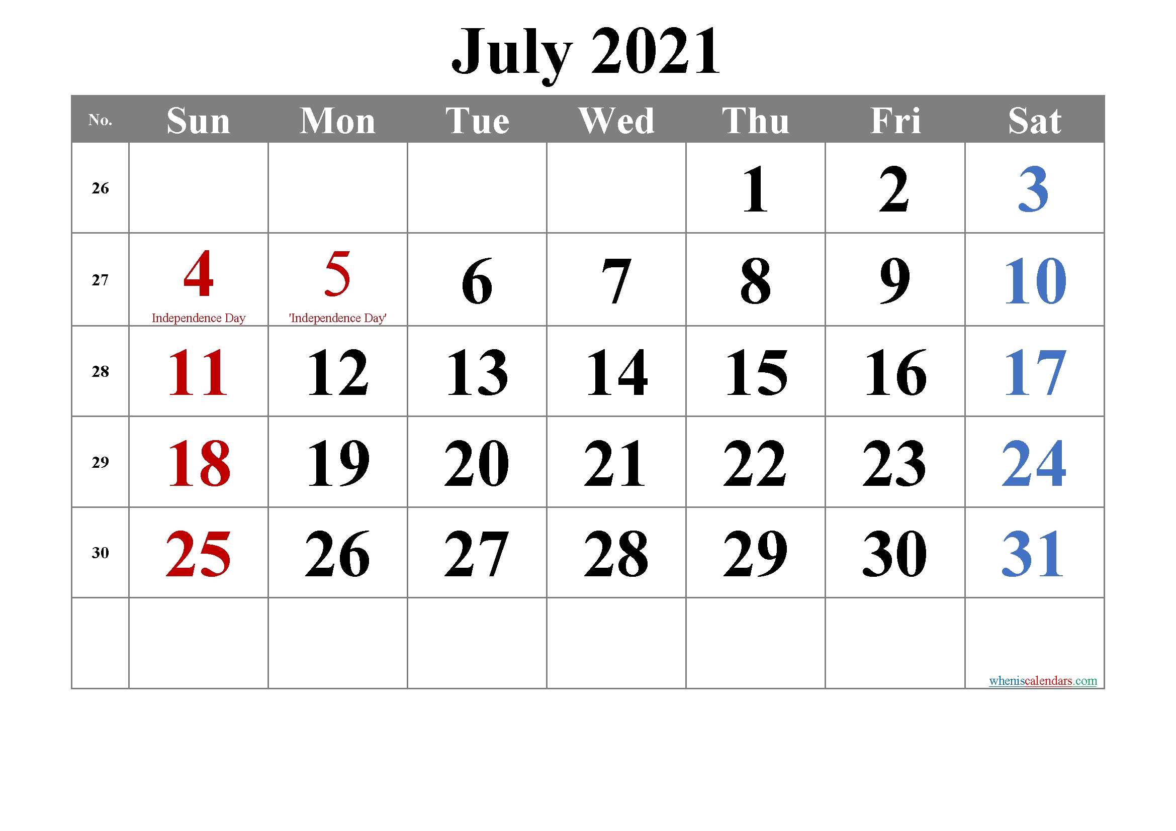 July 2021 Calendar With Holidays Printable Template No