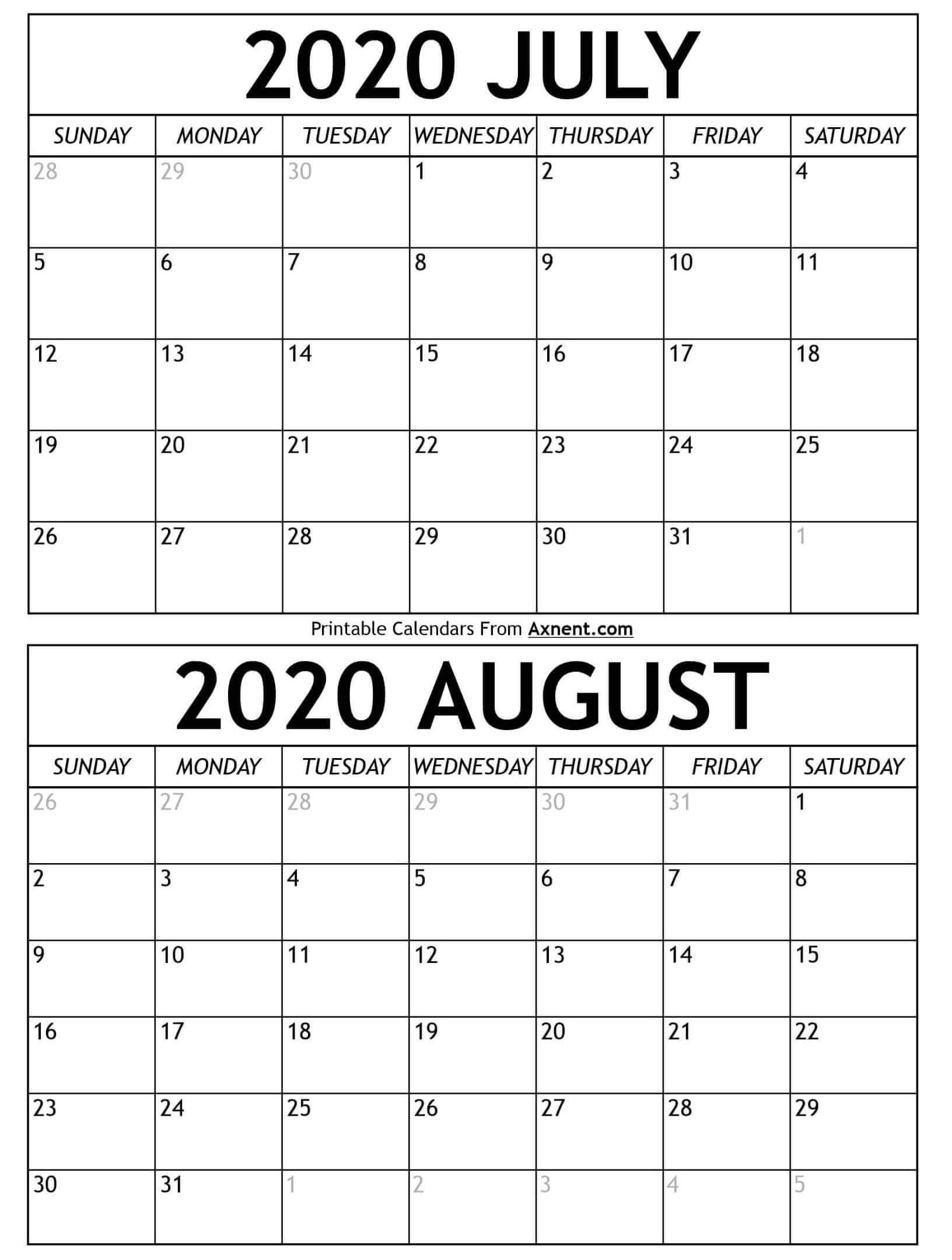 July August 2020 Calendar Templates Time Management Tools
