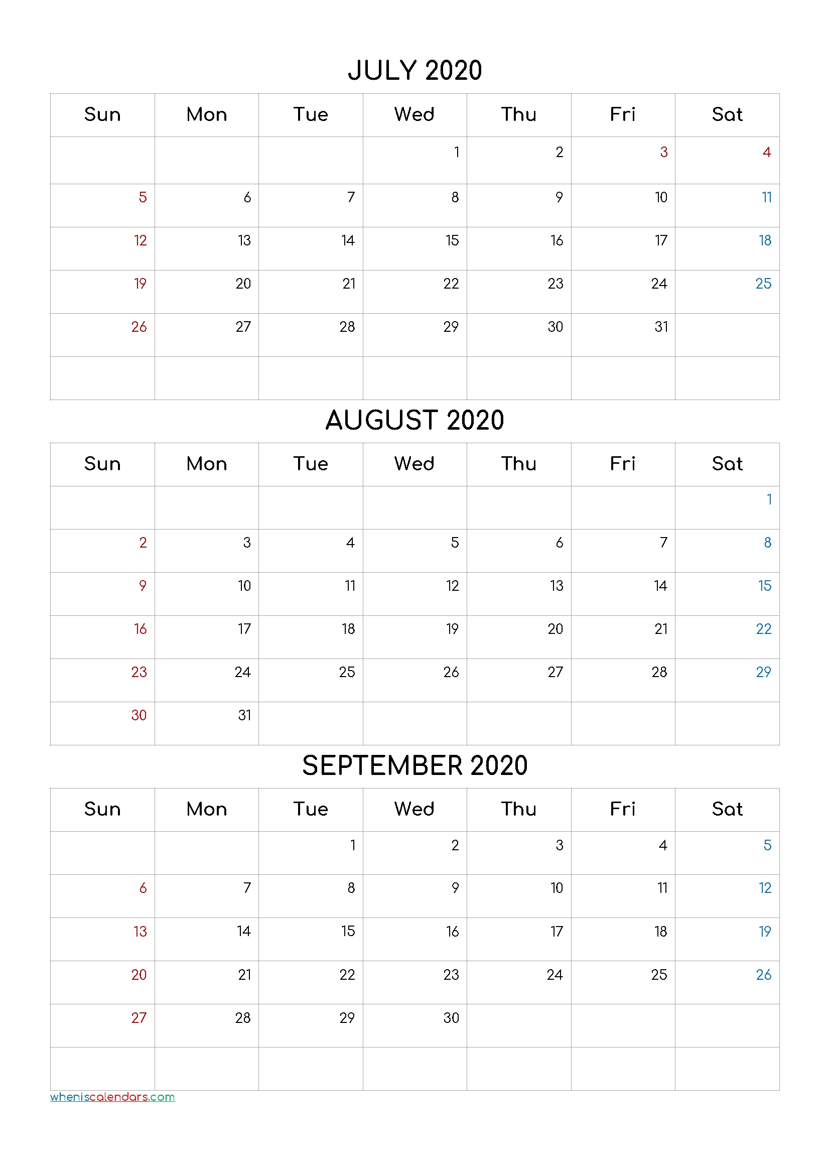 July August September 2021 Three Month Calendar Printable